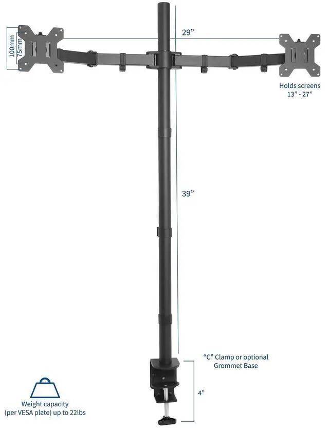 Alt view image 9 of 12 - Dual Monitor Stand Up Desk Mount Extra Tall 39 inch Pole, Fully Adjustable Stand for up to 27 inch Screens, Black, STAND-V012
