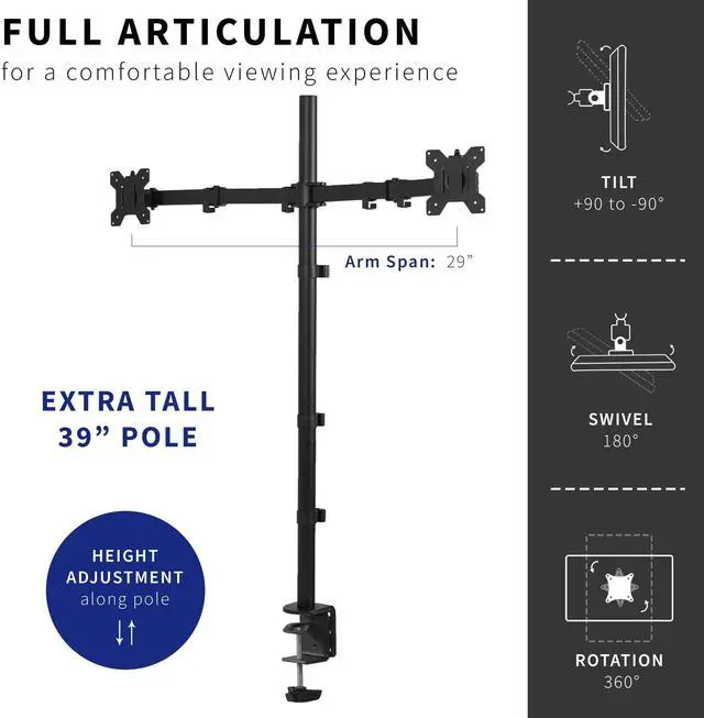 Alt view image 10 of 12 - Dual Monitor Stand Up Desk Mount Extra Tall 39 inch Pole, Fully Adjustable Stand for up to 27 inch Screens, Black, STAND-V012