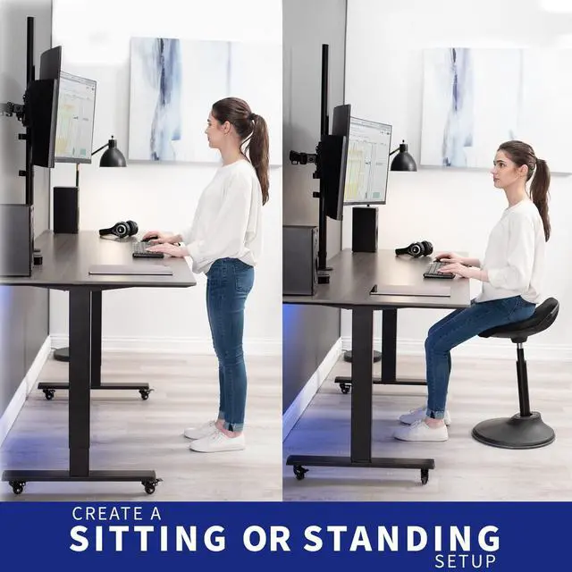 Alt view image 12 of 12 - Dual Monitor Stand Up Desk Mount Extra Tall 39 inch Pole, Fully Adjustable Stand for up to 27 inch Screens, Black, STAND-V012