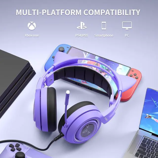 Alt view image 11 of 14 - G951S Purple Stereo Gaming Headset with Mic for PS4, PS5, Xbox One, PC, Phone, Detachable Cat Ear 3.5MM Noise Reduction Headphones Computer Gaming Headphone Self-Adjusting Gamer Headsets