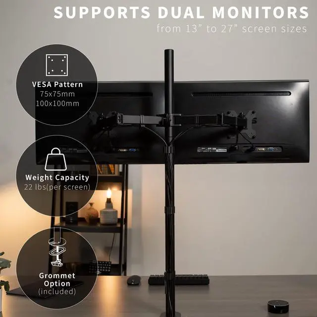 Alt view image 11 of 12 - Dual Monitor Stand Up Desk Mount Extra Tall 39 inch Pole, Fully Adjustable Stand for up to 27 inch Screens, Black, STAND-V012