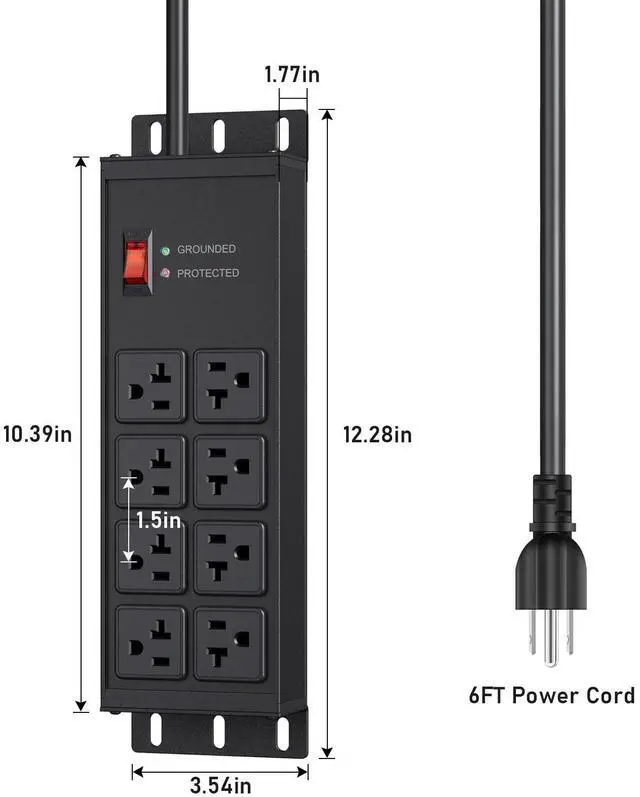 Alt view image 14 of 14 - Heavy Duty Surge Protector Power Strip 4800J, Garage Metal 8 Outlets 20 Amp 12 Gauge, High Amp 5-15P Adapter Shop 6-20R T-Slot Industrial Outlet, 6 FT Extension Cord Commercial for Appliance