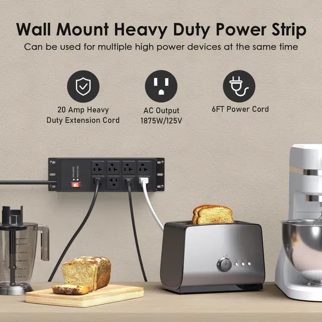 Alt view image 12 of 14 - Heavy Duty Surge Protector Power Strip 4800J, Garage Metal 8 Outlets 20 Amp 12 Gauge, High Amp 5-15P Adapter Shop 6-20R T-Slot Industrial Outlet, 6 FT Extension Cord Commercial for Appliance