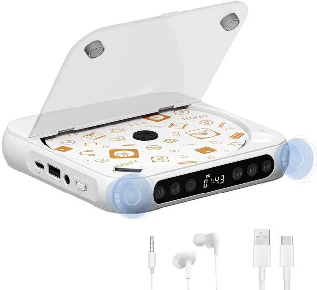 Alt view image 8 of 14 - Portable CD Player, Personal CD Player with Bluetooth for Home, Rechargeable Small CD Player with Headphones,Built-in HiFi Speakers, Support CD/AUX/USB, Anti-Skip/Shockproof