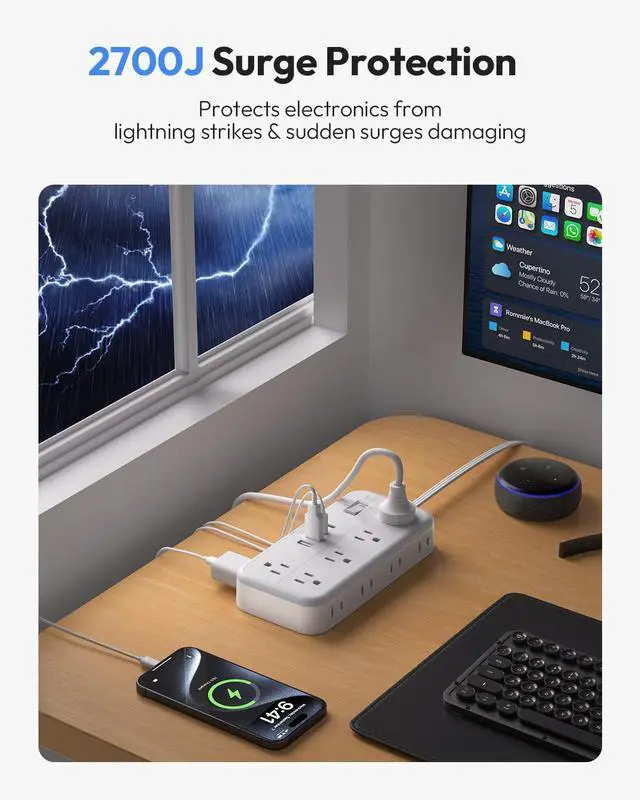 Alt view image 12 of 14 - Flat Extension Cord 25 FT, Long Surge Protector Power Strip, 10 Outlets 4 USB Ports (2 USB C), 3 Side 3 Prong & 2 Prong, 2700J, Overload Protection, Flat Plug Wall Mount, White, SurgePro