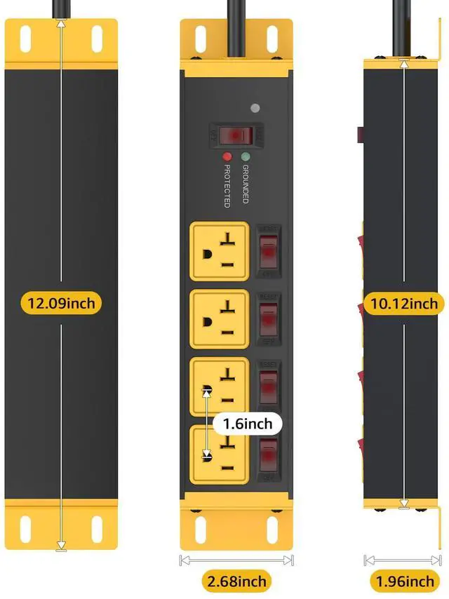 Alt view image 14 of 14 - IHeavy Duty Surge Protector Power Strip 20 Amp Individual Switches. 4FT 12 Gauge Extension Cord with Multiple Outlets. Kitchen, Garage, Shop, Industrial Wall Mount Electric Extender, Yellow.