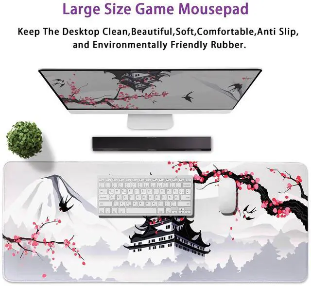 Alt view image 9 of 14 - Japanese Cherry Blossom Gaming Mouse Pad 31.5x11.8in Pink Full Desk Japanese Sakura Gaming Mouse Pad Large Non-Slip Rubber Base Waterproof Big Keyboard Mat with Stitched Edges for Game Office