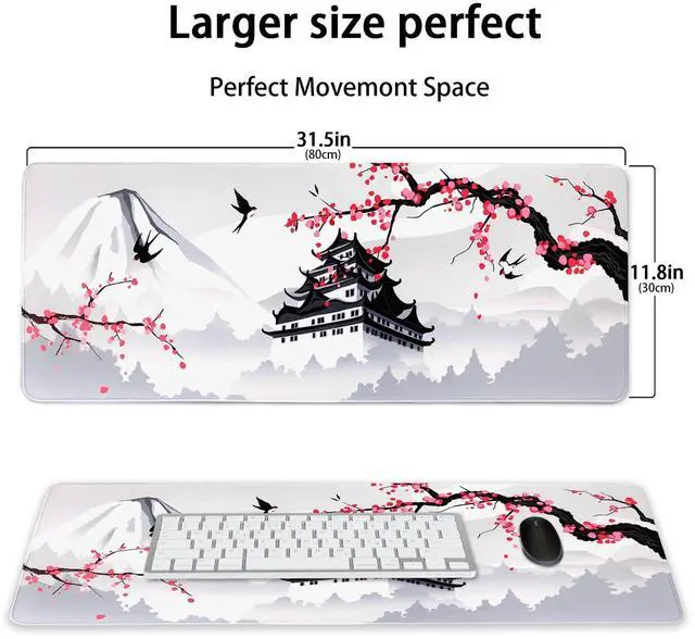 Alt view image 11 of 14 - Japanese Cherry Blossom Gaming Mouse Pad 31.5x11.8in Pink Full Desk Japanese Sakura Gaming Mouse Pad Large Non-Slip Rubber Base Waterproof Big Keyboard Mat with Stitched Edges for Game Office