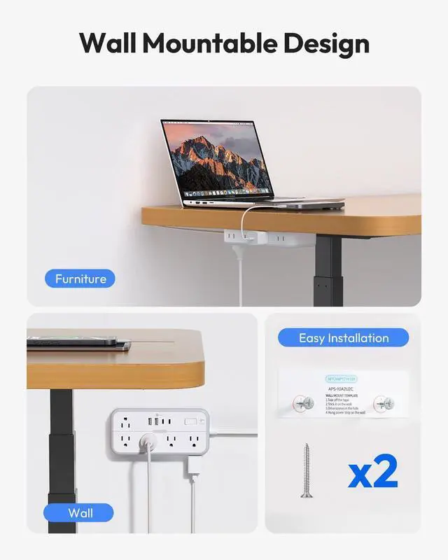 Alt view image 13 of 14 - Flat Extension Cord 25 FT, Long Surge Protector Power Strip, 10 Outlets 4 USB Ports (2 USB C), 3 Side 3 Prong & 2 Prong, 2700J, Overload Protection, Flat Plug Wall Mount, White, SurgePro