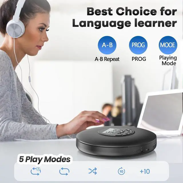 Alt view image 10 of 14 - Portable CD Player-Compact Discman CD Player-Personal Music Player with CD-R & CD-RW Playback Anti-Skip Protection, Programmable Tracks - Earphones Included