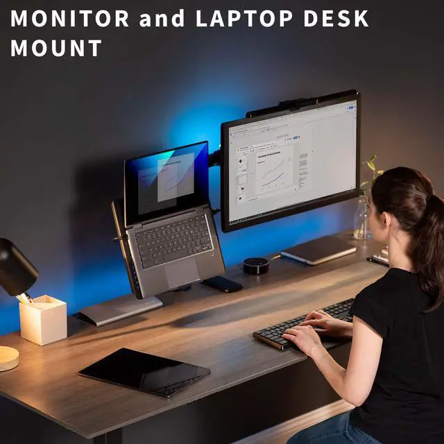 Alt view image 9 of 14 - Black Fully Adjustable 13 to 32 inch Single Computer Monitor and Laptop Desk Mount Combo, Stand with Grommet Option, Fits up to 17 inch Laptops (STAND-V002C)