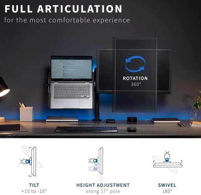 Alt view image 12 of 14 - Black Fully Adjustable 13 to 32 inch Single Computer Monitor and Laptop Desk Mount Combo, Stand with Grommet Option, Fits up to 17 inch Laptops (STAND-V002C)