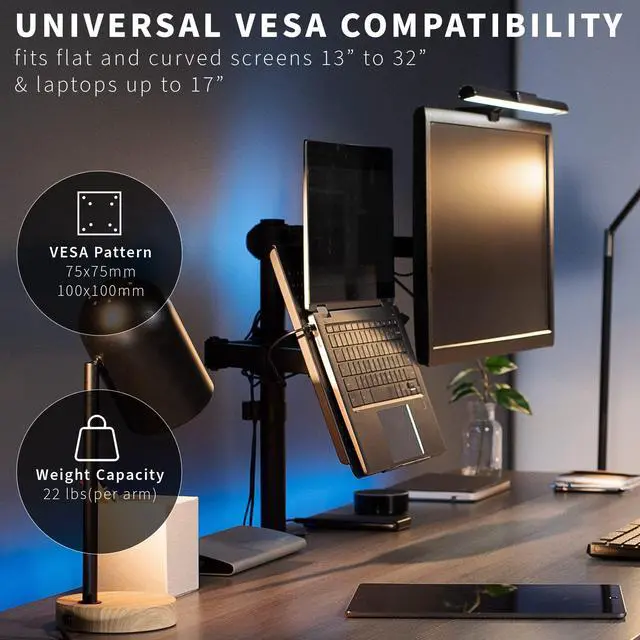 Alt view image 10 of 14 - Black Fully Adjustable 13 to 32 inch Single Computer Monitor and Laptop Desk Mount Combo, Stand with Grommet Option, Fits up to 17 inch Laptops (STAND-V002C)