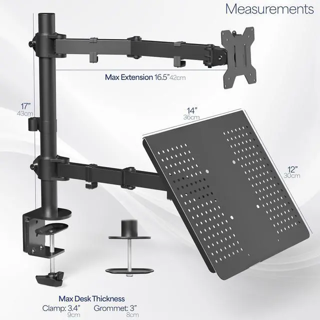 Alt view image 11 of 14 - Black Fully Adjustable 13 to 32 inch Single Computer Monitor and Laptop Desk Mount Combo, Stand with Grommet Option, Fits up to 17 inch Laptops (STAND-V002C)