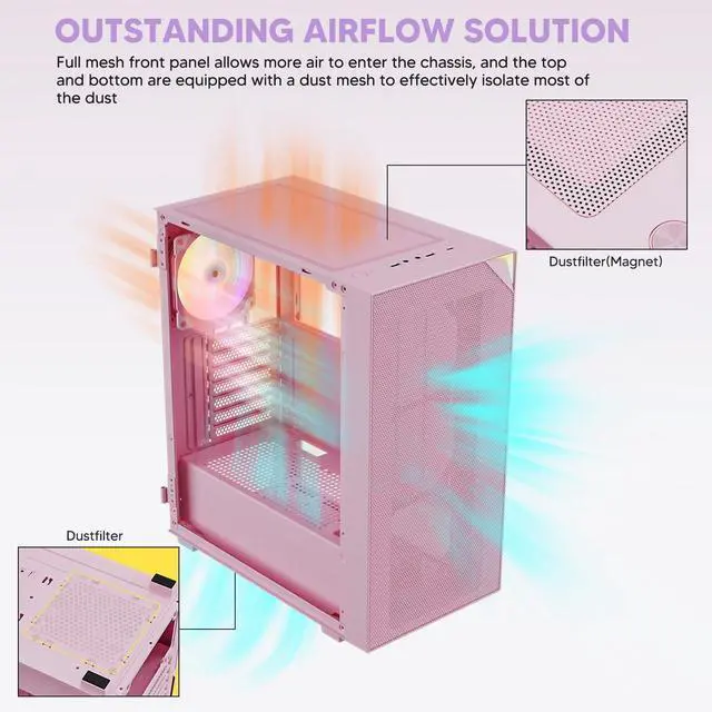 Alt view image 13 of 14 - AL800 Mid Tower ATX PC Computer Case - Door Opening Design Tempered Glass, Adjustable LED Strip, Pre-Installed ARGB & PWM FDB Fan in Rear, Support for 50 Series GPUs - Pink