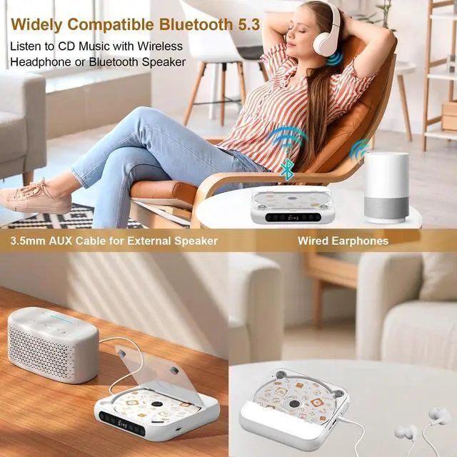 Alt view image 10 of 14 - Portable CD Player, Personal CD Player with Bluetooth for Home, Rechargeable Small CD Player with Headphones,Built-in HiFi Speakers, Support CD/AUX/USB, Anti-Skip/Shockproof