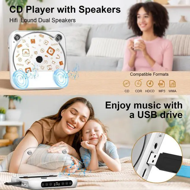 Alt view image 12 of 14 - Portable CD Player, Personal CD Player with Bluetooth for Home, Rechargeable Small CD Player with Headphones,Built-in HiFi Speakers, Support CD/AUX/USB, Anti-Skip/Shockproof