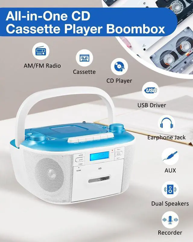 Alt view image 10 of 14 - Portable CD and Cassette Player Combo - Cassette Tape Player Boombox with AM FM Radio, Boom Box CD Player for Home, AUX/TF/USB/MP3 Player with LCD Display, AC/DC Powered, Gift for Seniors