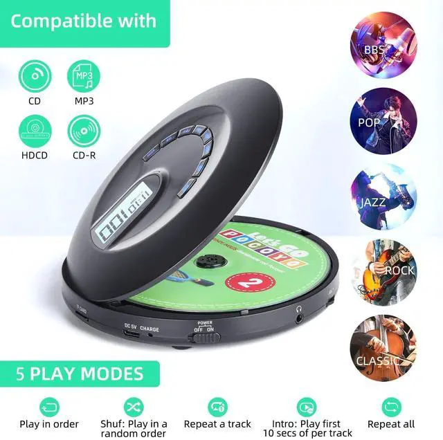 Alt view image 12 of 14 - CD Player Portable, Rechargeable Portable CD Player for Home Car and Travel with Headphone and Anti-Skip/Shockproof, Compact Player with LCD Display, AUX Cable, Backlight