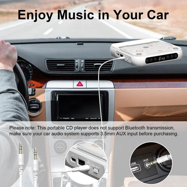 Alt view image 11 of 14 - Portable CD Player, Personal CD Player with Bluetooth for Home, Rechargeable Small CD Player with Headphones,Built-in HiFi Speakers, Support CD/AUX/USB, Anti-Skip/Shockproof