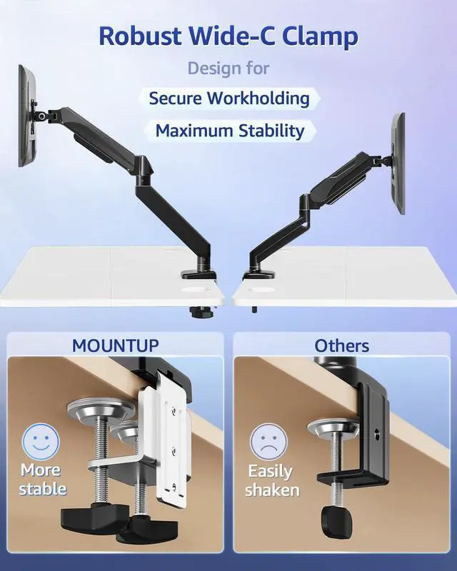Alt view image 11 of 14 - Heavy Duty Single Monitor Arm for 42 40 39 34 32 27Inch Screens, Monitor Stand for Desk Supports 4.4-33 lbs, Height Adjustable Ultrawide Monitors Mount with C-Clamp & Grommet Base
