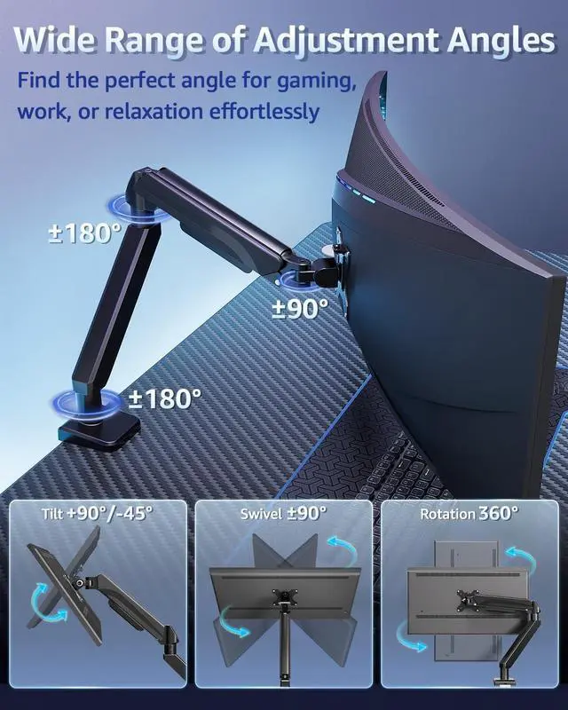 Alt view image 13 of 14 - Heavy Duty Single Monitor Arm for 42 40 39 34 32 27Inch Screens, Monitor Stand for Desk Supports 4.4-33 lbs, Height Adjustable Ultrawide Monitors Mount with C-Clamp & Grommet Base