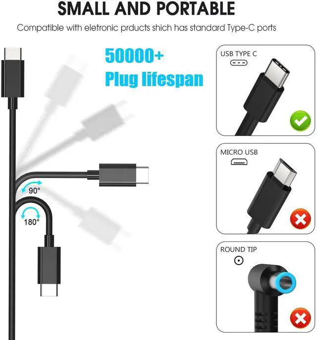 Alt view image 14 of 14 - 65W 60W USB C Laptop Charger Compatible with Dell Chromebook 3100 3300 3380 3400 3500 Latitude 5420 5430 5440 5450 5520 5530 5540 5550 7340 7420 7440 XPS 13 Computer Charger Type C AC Adapter