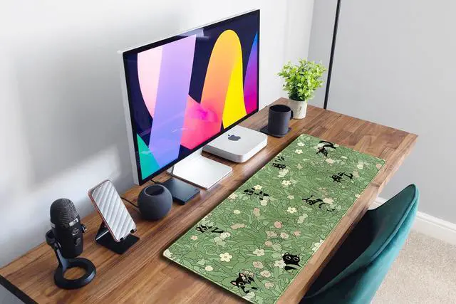 Alt view image 13 of 14 - Cute Green Leaves Pink Flowers Mouse Pad Desk Pad Kawaii Anime Cat Desktop Protector Decor Desk Mat, XL Large Gaming Mousepad for Girl Women Laptop Computer Keyboard and Mouse Mat 31.5x11.8 in