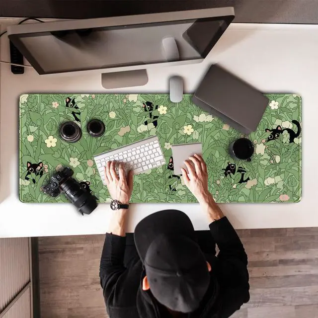 Alt view image 14 of 14 - Cute Green Leaves Pink Flowers Mouse Pad Desk Pad Kawaii Anime Cat Desktop Protector Decor Desk Mat, XL Large Gaming Mousepad for Girl Women Laptop Computer Keyboard and Mouse Mat 31.5x11.8 in