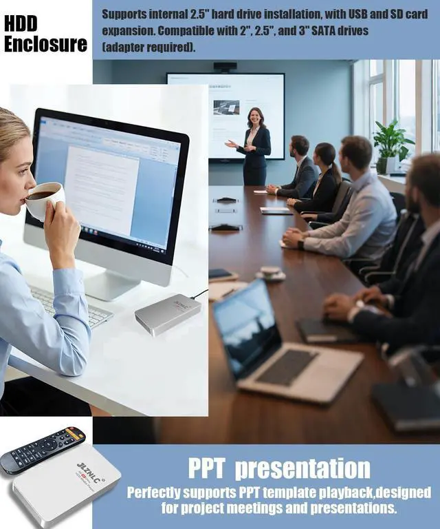 Alt view image 10 of 14 - 4K Ultra HD Media Player & HDD Enclosure 2-in-1,Digital Signage, Play H.265/HEVC H.264/AVC MP4 MKV Videos,MP3 Music,JPG Photos,Auto Playback and Resume,Supports HDDs,USB/MicroSD,4k HDMI,Analog AV.