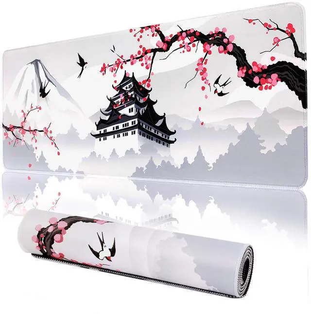 Alt view image 8 of 14 - Japanese Cherry Blossom Gaming Mouse Pad 31.5x11.8in Pink Full Desk Japanese Sakura Gaming Mouse Pad Large Non-Slip Rubber Base Waterproof Big Keyboard Mat with Stitched Edges for Game Office