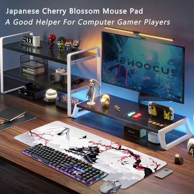 Alt view image 13 of 14 - Japanese Cherry Blossom Gaming Mouse Pad 31.5x11.8in Pink Full Desk Japanese Sakura Gaming Mouse Pad Large Non-Slip Rubber Base Waterproof Big Keyboard Mat with Stitched Edges for Game Office