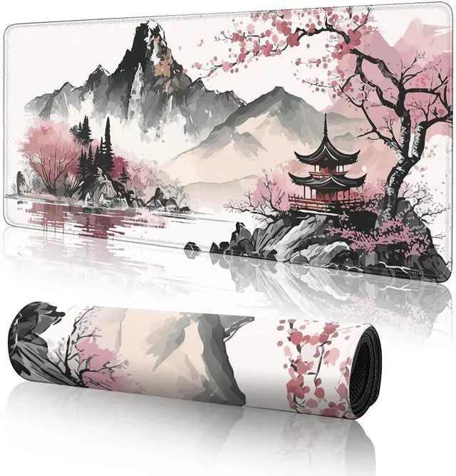 Alt view image 8 of 14 - Watercolor Cherry Blossom Large Gaming Mouse Pad,Mouse Pad Gaming 31.5 x 11.8 in Mouse Mat Desk Pad,Large Desk Mat,Extended Keyboard Mousepad with Non-Slip Base and Stitched Edge for Desk Home Office