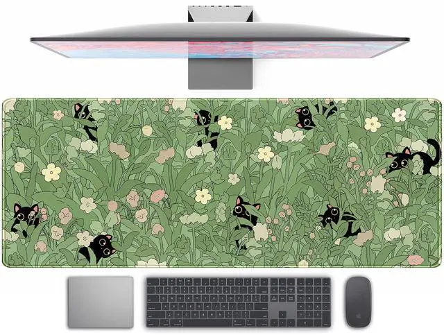 Alt view image 8 of 14 - Cute Green Leaves Pink Flowers Mouse Pad Desk Pad Kawaii Anime Cat Desktop Protector Decor Desk Mat, XL Large Gaming Mousepad for Girl Women Laptop Computer Keyboard and Mouse Mat 31.5x11.8 in