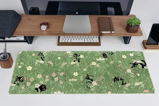 Alt view image 12 of 14 - Cute Green Leaves Pink Flowers Mouse Pad Desk Pad Kawaii Anime Cat Desktop Protector Decor Desk Mat, XL Large Gaming Mousepad for Girl Women Laptop Computer Keyboard and Mouse Mat 31.5x11.8 in