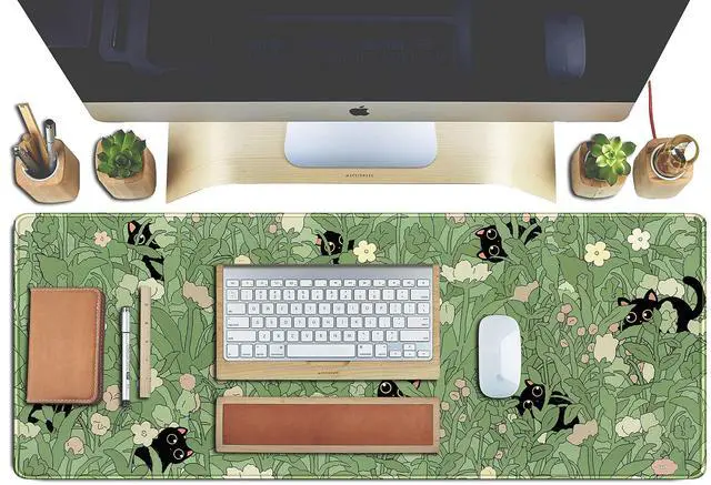 Alt view image 11 of 14 - Cute Green Leaves Pink Flowers Mouse Pad Desk Pad Kawaii Anime Cat Desktop Protector Decor Desk Mat, XL Large Gaming Mousepad for Girl Women Laptop Computer Keyboard and Mouse Mat 31.5x11.8 in
