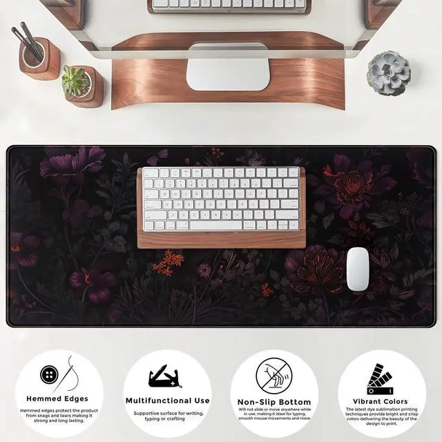 Alt view image 11 of 14 - Dark Cottagecore Desk Mat Black Purple Flower XL Mouse Pad Large Gaming Mousepad Extended Vintage Aesthetic Desk Pad Keyboard Mouse Mat 31.5 x 11.8 in for Work Game Office Decor