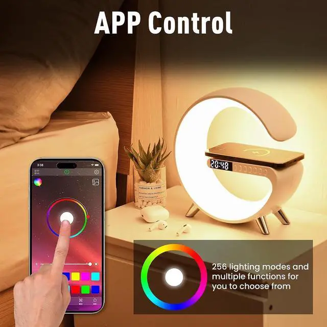 Alt view image 9 of 14 - Smart LED Table Lamp, 4-in-1 Wireless Charger, Night Light, Alarm Clock, and Bluetooth Speaker with App Control for Bedroom, Office, and Home Decor (White)