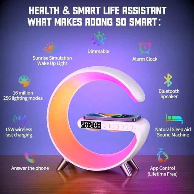 Alt view image 8 of 14 - Smart LED Table Lamp, 4-in-1 Wireless Charger, Night Light, Alarm Clock, and Bluetooth Speaker with App Control for Bedroom, Office, and Home Decor (White)