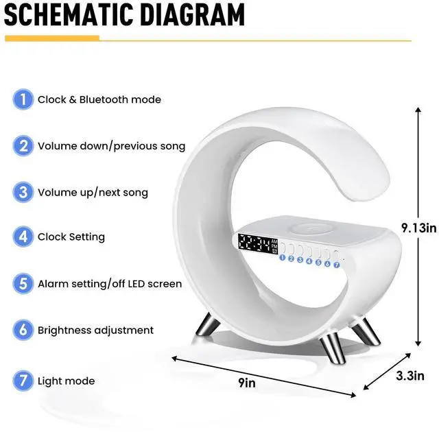 Alt view image 10 of 14 - Smart LED Table Lamp, 4-in-1 Wireless Charger, Night Light, Alarm Clock, and Bluetooth Speaker with App Control for Bedroom, Office, and Home Decor (White)