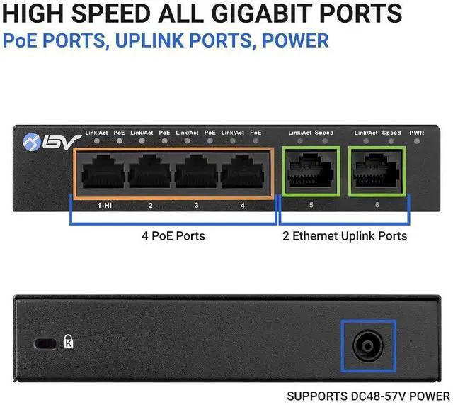 Alt view image 11 of 14 - 6 Port PoE+ Switch 4 PoE+ Gigabit Ports with 2 Gigabit Uplink 60W 802.3at + 1 High PowerPort | Desktop Fanless Design | Sturdy Metal Housing