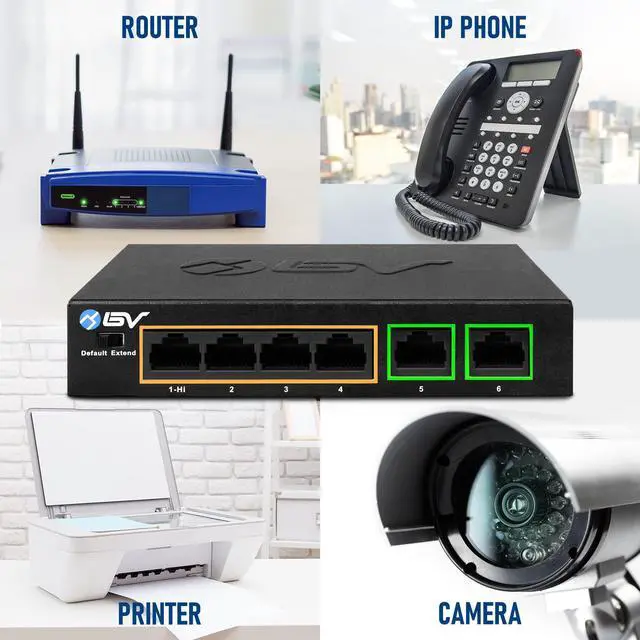 Alt view image 13 of 14 - 6 Port PoE+ Switch 4 PoE+ Gigabit Ports with 2 Gigabit Uplink 60W 802.3at + 1 High PowerPort | Desktop Fanless Design | Sturdy Metal Housing