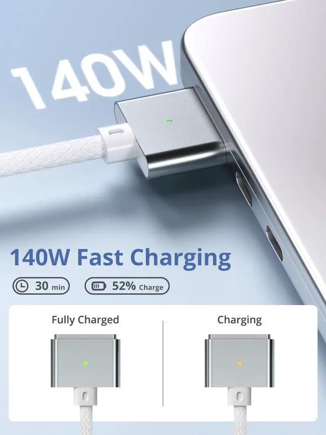 Alt view image 14 of 14 - USB-C to Magnetic 3 Cable for M4 MacBook Air Pro Charger, 140W Magnetic Safe 3 Cable for MacBook Air (15''/13'' M4 2025, M3 2024, M2 2023, M2 2022), MacBookPro (16"/14" 2024/2023/2021), 2M/6.6ft White