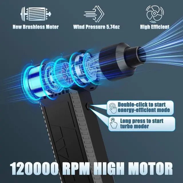 Alt view image 14 of 14 - Cordless Electric Air Duster: 120,000 RPM High-Speed 4-Speed Adjustable Blower, Rechargeable Battery-Powered Dust Cleaner for PC Keyboards, Electronics, Cars & Outdoor Use (Black)