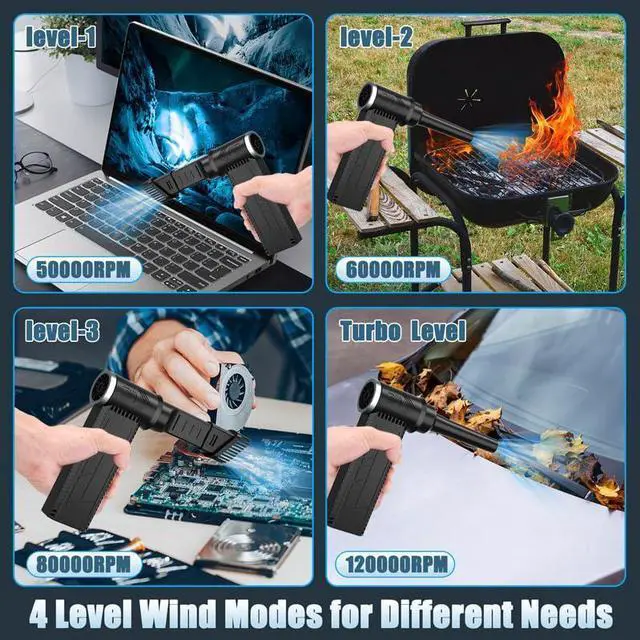 Alt view image 12 of 14 - Cordless Electric Air Duster: 120,000 RPM High-Speed 4-Speed Adjustable Blower, Rechargeable Battery-Powered Dust Cleaner for PC Keyboards, Electronics, Cars & Outdoor Use (Black)