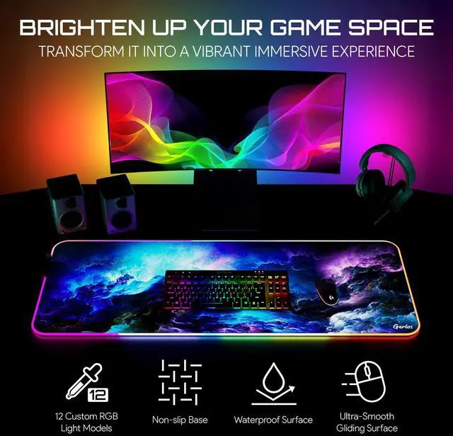 Alt view image 9 of 14 - RGB Gaming Mouse Pad, Large Extended LED Desk Mat with 12 Light Modes, Non-Slip Rubber Base, Water-Resistant, 31.5×11.8 Inch