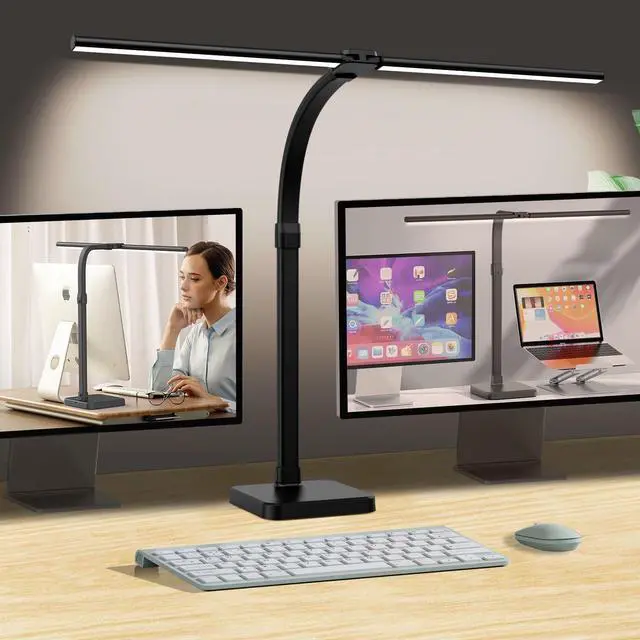 Alt view image 14 of 14 - LED Desk Lamp for Home Office, Double Head 24W with Base, Architect Light 5 Lighting Brightness Flexible Gooseneck Table Reading Study, Black