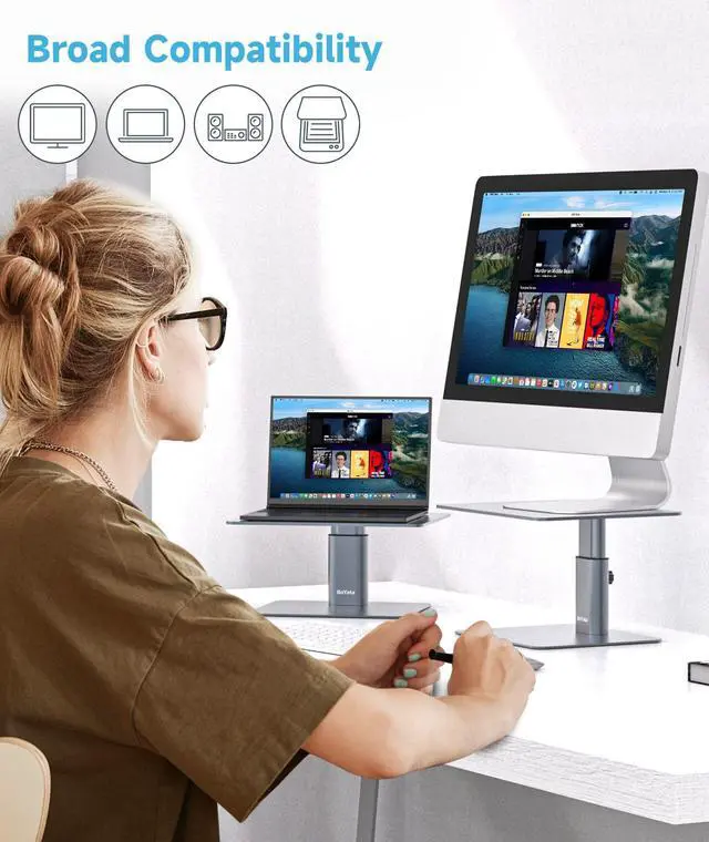 Alt view image 10 of 14 - Monitor Stand, Adjustable Monitor Riser Metal Computer Stand Compatible with TV, PC, Laptop, Computer, iMac, and All Screen Display-Space Grey