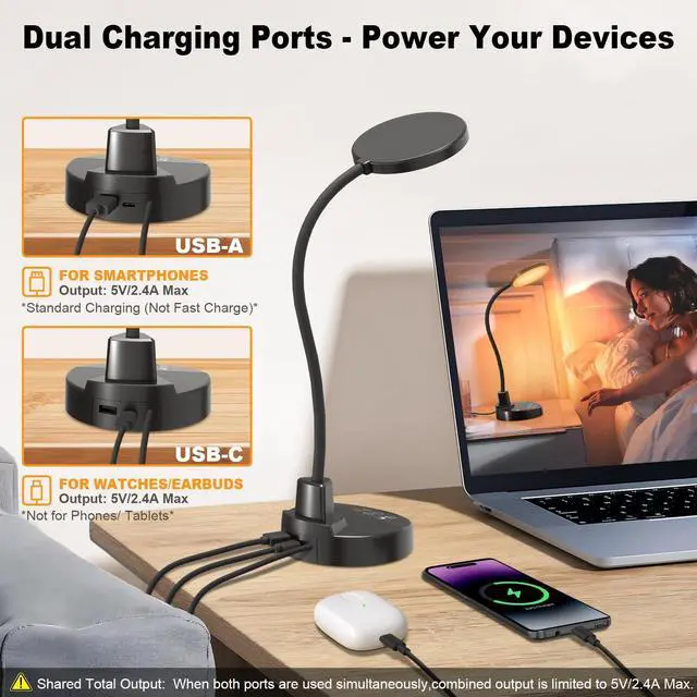Alt view image 11 of 14 - 15W LED Desk Lamp with USB Charging Ports Dimmable Table Lamp with 3 Color Temps, 5 Brightness, 4 Timers, Flexible Gooseneck Light with Base, Eye-Caring Reading Light for Home Office, Bedroom, Study