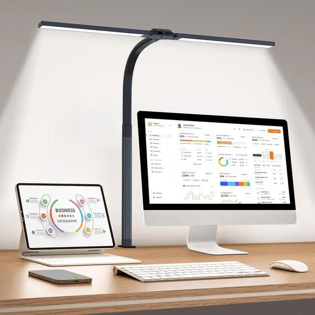 Alt view image 8 of 14 - LED Desk Lamp for Home Office, Eye-Caring Desk Light with Clamp, 24W Double Head Architect Task Lamp Stepless Dimming, Flexible Gooseneck Bright Table Lamp for Study Reading Workbench Drafting